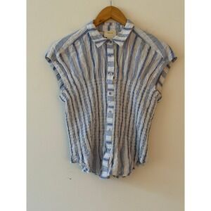 Anthropologie Maeve Blue and White Striped Smocked Shirt Size Medium